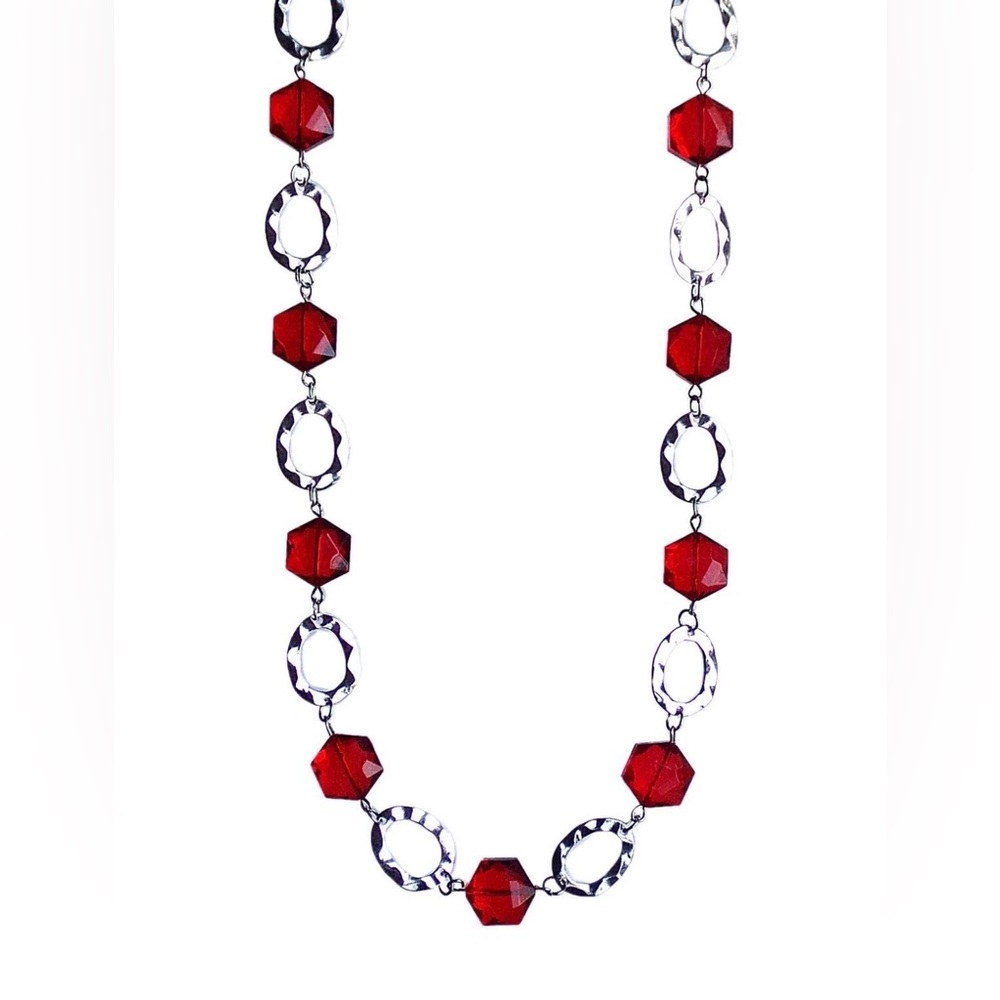 Red glass bead and silver hammered link necklace, long fashion red necklace  New